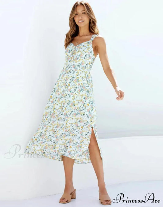Women’s Warm-Season Sleeveless Design Coastal Midi Green Casual Dress
