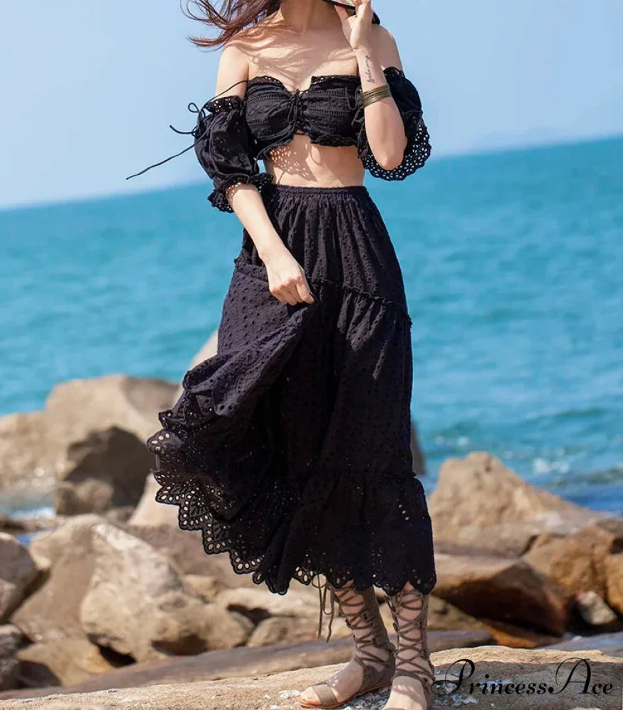 Women’s Warm Weather Cotton Complete Lace Midi Skirt A-line Boho Getaway Black / S skirt-250126