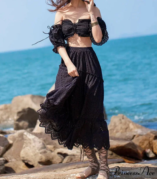 Women’s Warm Weather Cotton Complete Lace Midi Skirt A-line Boho Getaway Black / S skirt-250126