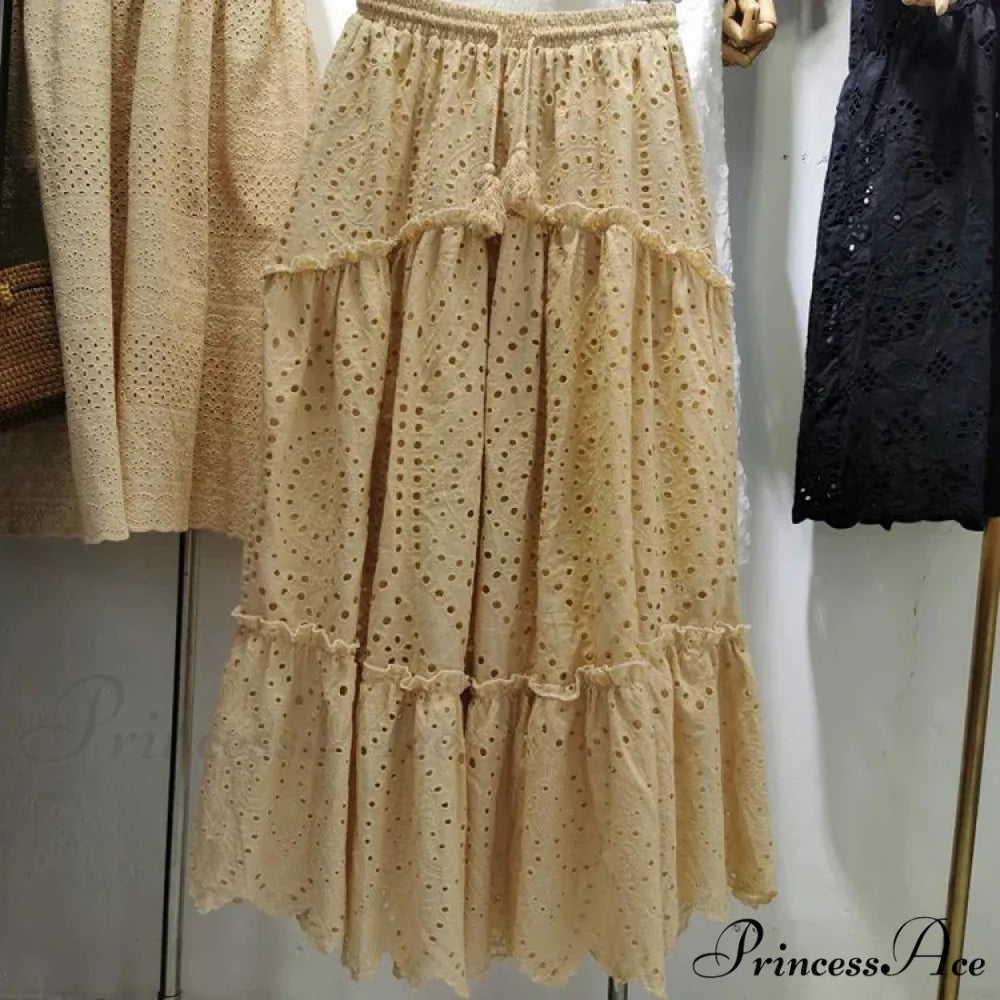 Women’s Warm Weather Cotton Complete Lace Midi Skirt A-line Boho Getaway Khaki / S skirt-250126