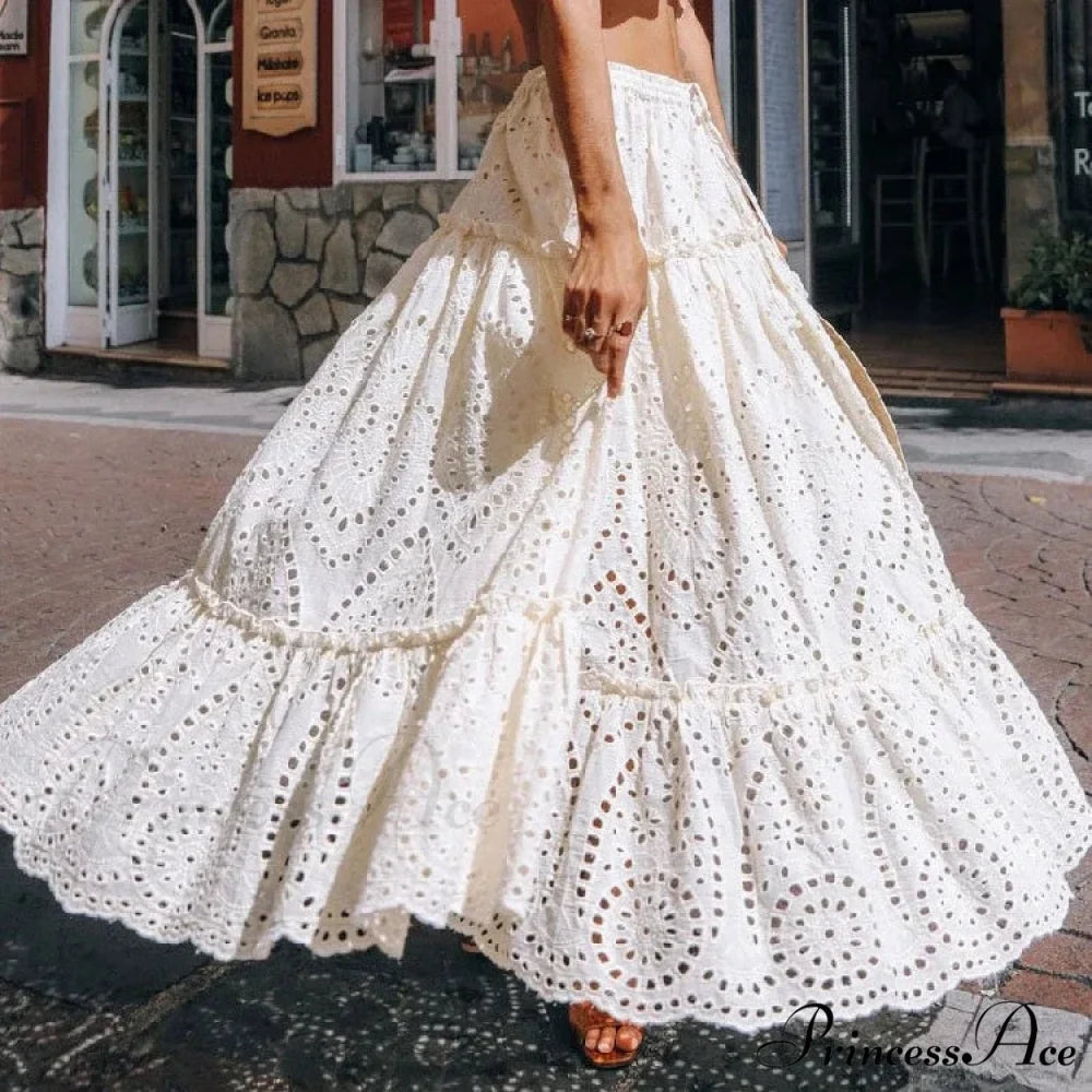 Women’s Warm Weather Cotton Complete Lace Midi Skirt A-line Boho Getaway WHITE / S skirt-250126