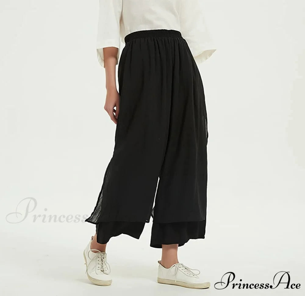 Women’s Wide Leg Pants Loose Layer Elastic Waist Capris