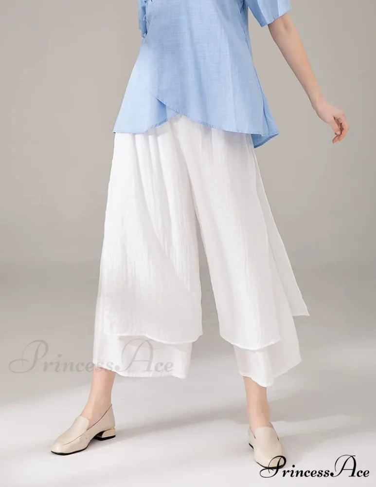 Women’s Wide Leg Pants Loose Layer Elastic Waist Capris
