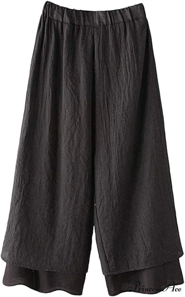 Women’s Wide Leg Pants Loose Layer Elastic Waist Capris Black / Large