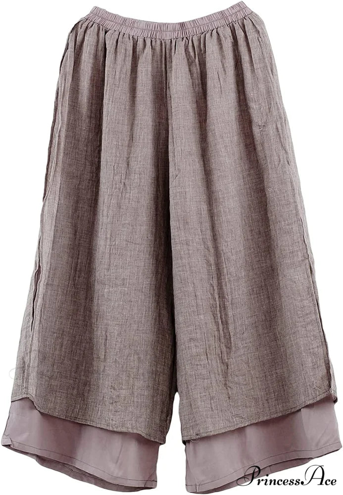 Women’s Wide Leg Pants Loose Layer Elastic Waist Capris Brown / Large