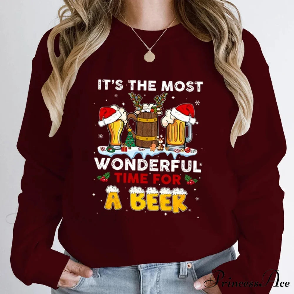 Wonderful Time Beer Autumn Winter Casual Hoodless Pullover Christmas Hoodie Burgundy / S Christmas Hoodies-L