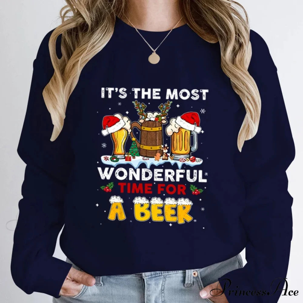 Wonderful Time Beer Autumn Winter Casual Hoodless Pullover Christmas Hoodie DEEP BLUE / S Christmas Hoodies-L
