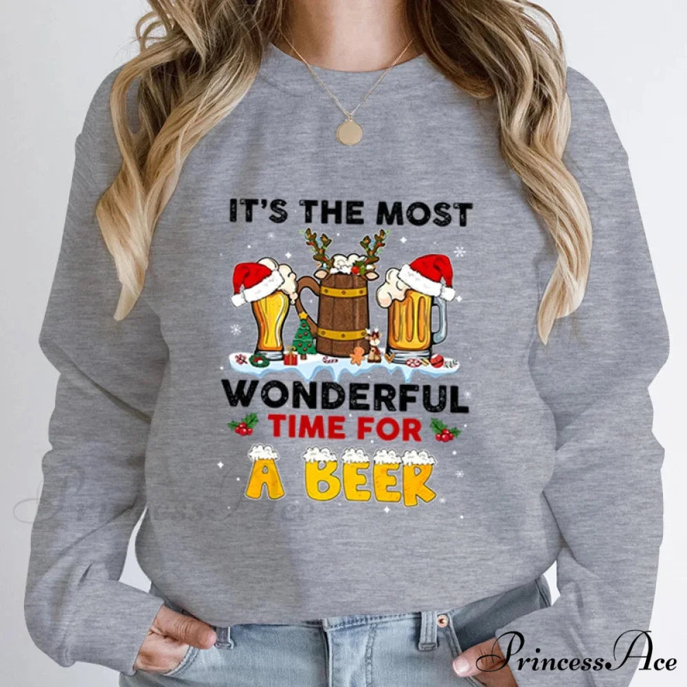 Wonderful Time Beer Autumn Winter Casual Hoodless Pullover Christmas Hoodie GRAY / S Christmas Hoodies-L