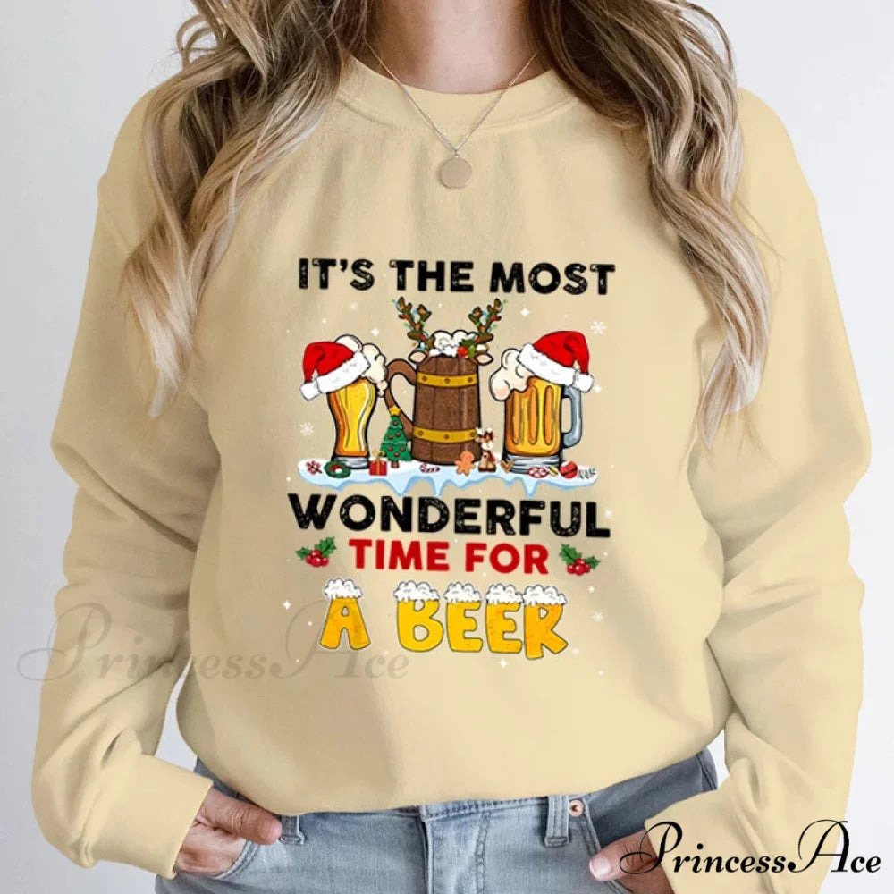Wonderful Time Beer Autumn Winter Casual Hoodless Pullover Christmas Hoodie Khaki / S Christmas Hoodies-L