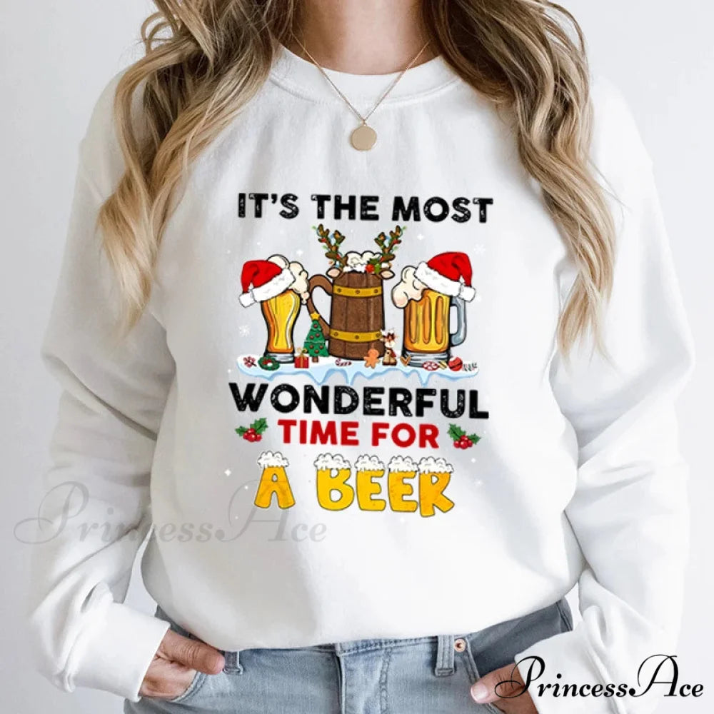 Wonderful Time Beer Autumn Winter Casual Hoodless Pullover Christmas Hoodie WHITE / S Christmas Hoodies-L