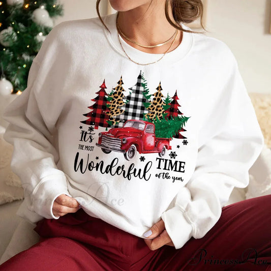Wonderful Time Printed Party Holiday Sweater Xmas OutFit Christmas Hoodie Christmas Hoodies-L