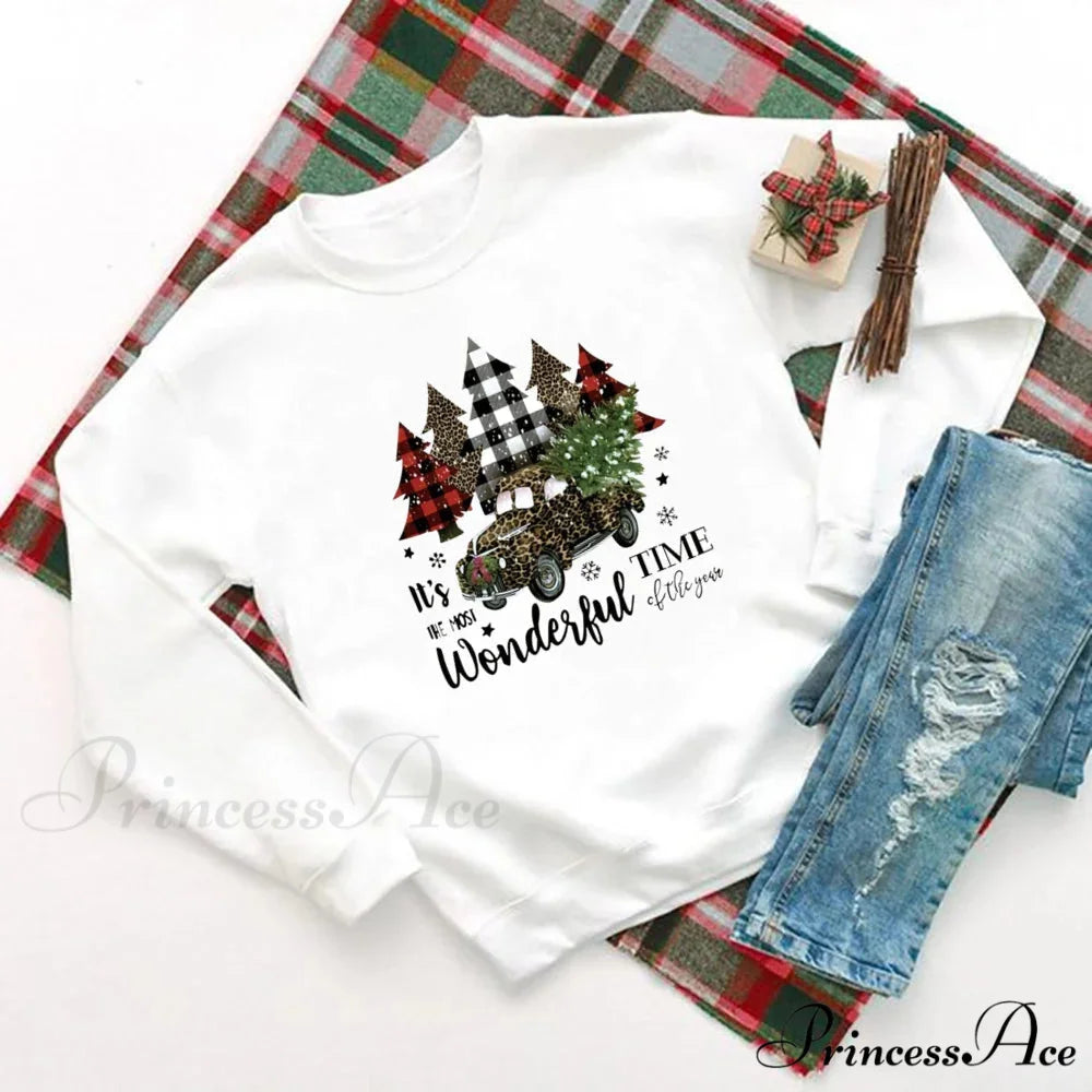 Wonderful Time Printed Party Holiday Sweater Xmas OutFit Christmas Hoodie white 1 / S Christmas Hoodies-L