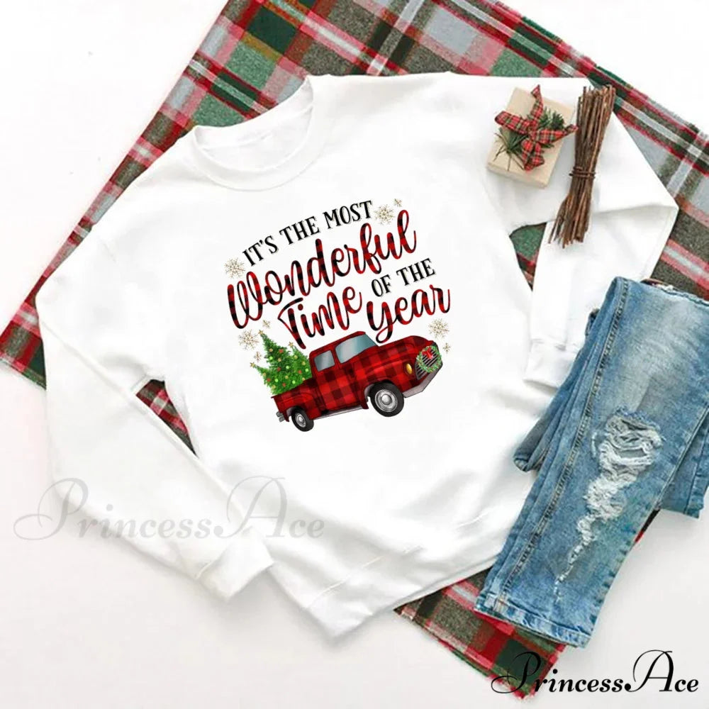 Wonderful Time Printed Party Holiday Sweater Xmas OutFit Christmas Hoodie white 2 / S Christmas Hoodies-L