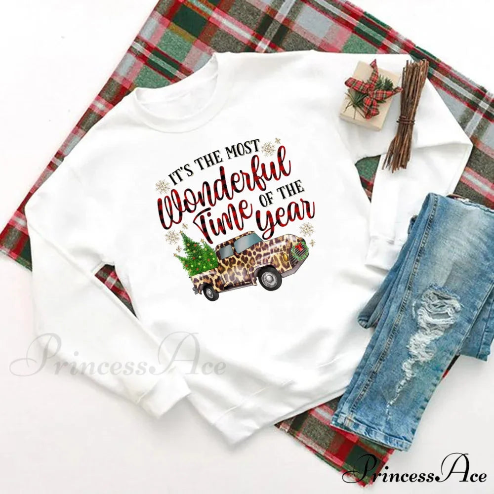 Wonderful Time Printed Party Holiday Sweater Xmas OutFit Christmas Hoodie white 3 / S Christmas Hoodies-L