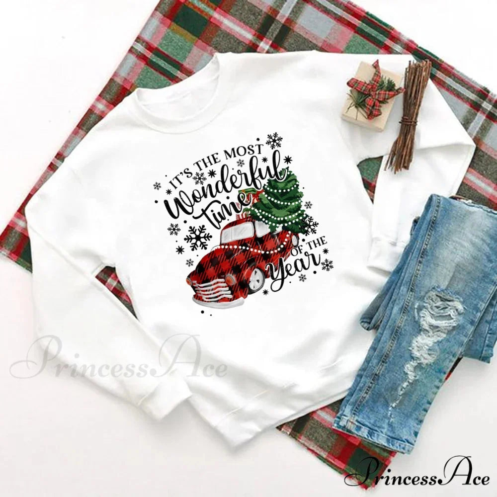 Wonderful Time Printed Party Holiday Sweater Xmas OutFit Christmas Hoodie white 4 / S Christmas Hoodies-L