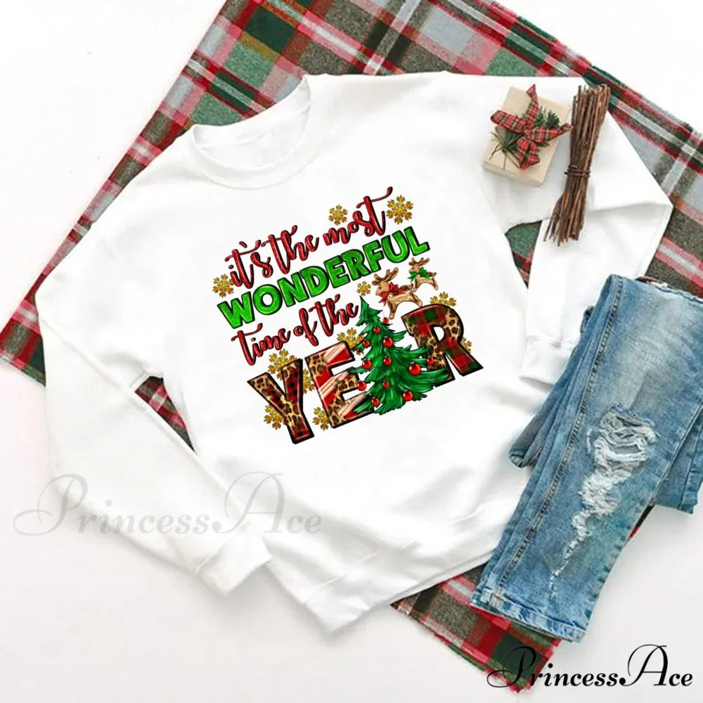 Wonderful Time Printed Party Holiday Sweater Xmas OutFit Christmas Hoodie white 5 / S Christmas Hoodies-L