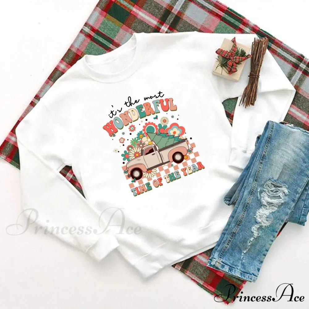 Wonderful Time Printed Party Holiday Sweater Xmas OutFit Christmas Hoodie white 6 / S Christmas Hoodies-L