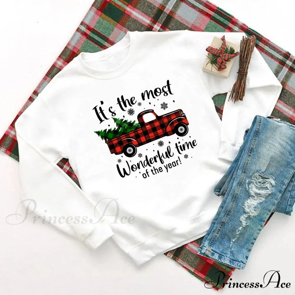 Wonderful Time Printed Party Holiday Sweater Xmas OutFit Christmas Hoodie white 7 / S Christmas Hoodies-L