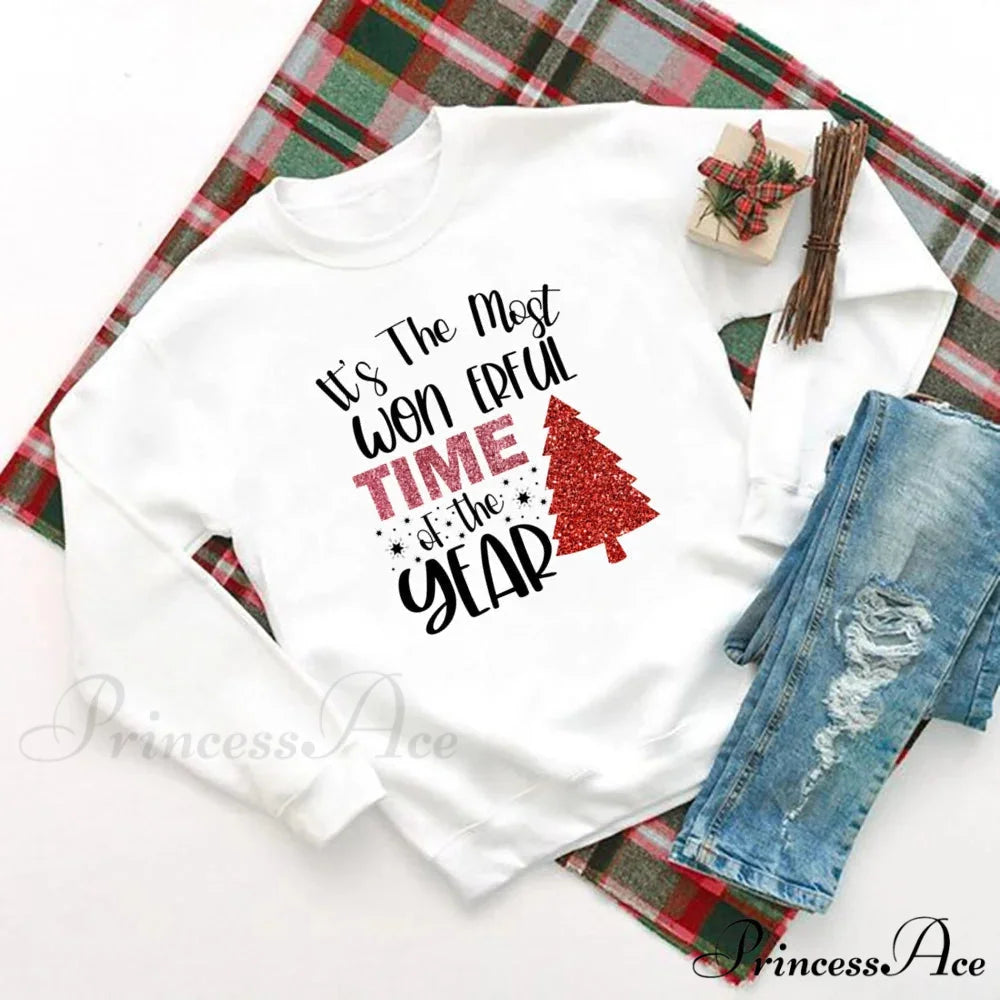 Wonderful Time Printed Party Holiday Sweater Xmas OutFit Christmas Hoodie white 8 / S Christmas Hoodies-L