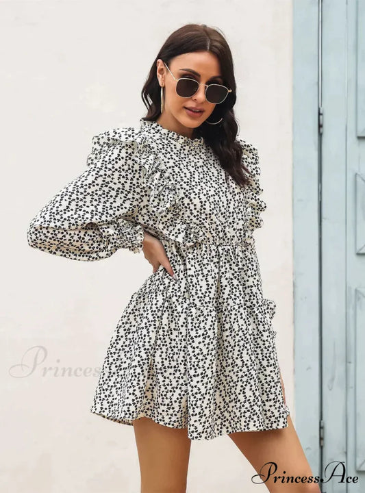 Wood Ear Collar Long Sleeve Printed Dress with Ruffled Detail S / WHITE