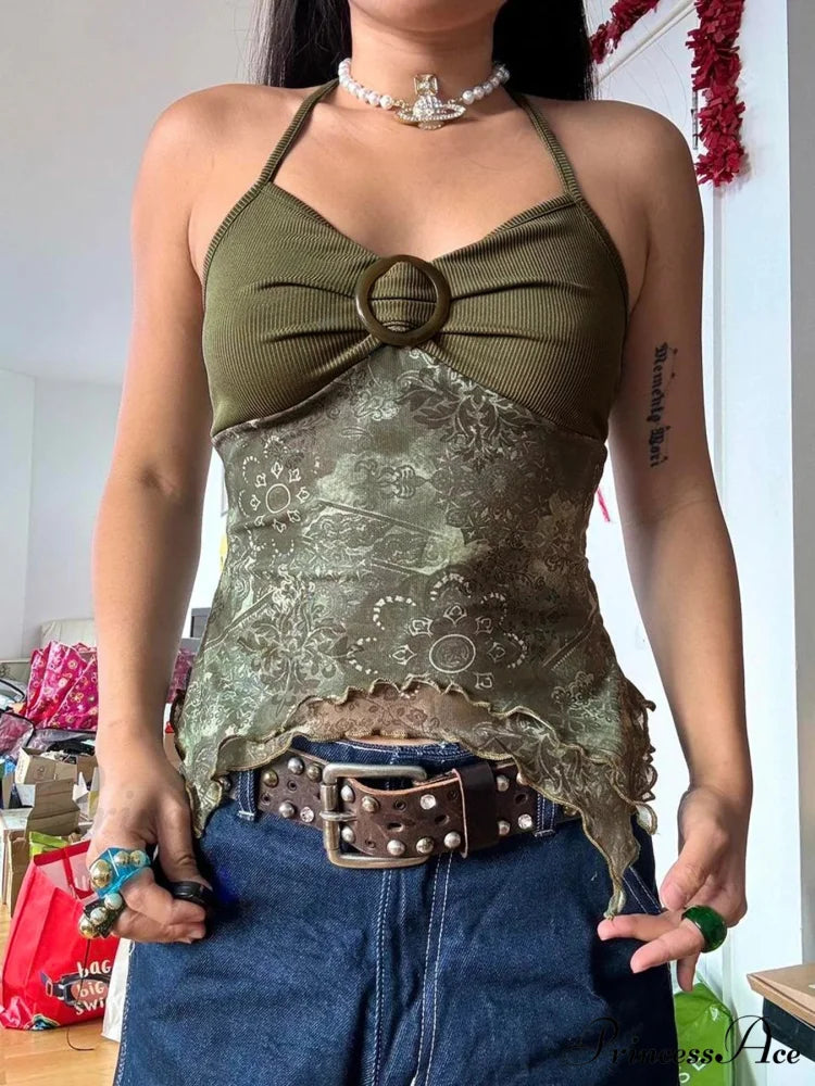 Woodland Emerald Unevenly Cut Top Brown / S croptop-250223