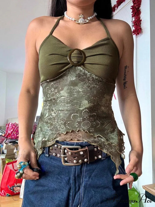 Woodland Emerald Unevenly Cut Top Brown / S croptop-250223