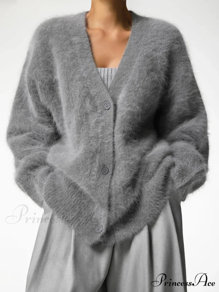 Wool Baggy V-neck Extended Sleeve Cardigan Dark Grey / S cardigans-241228