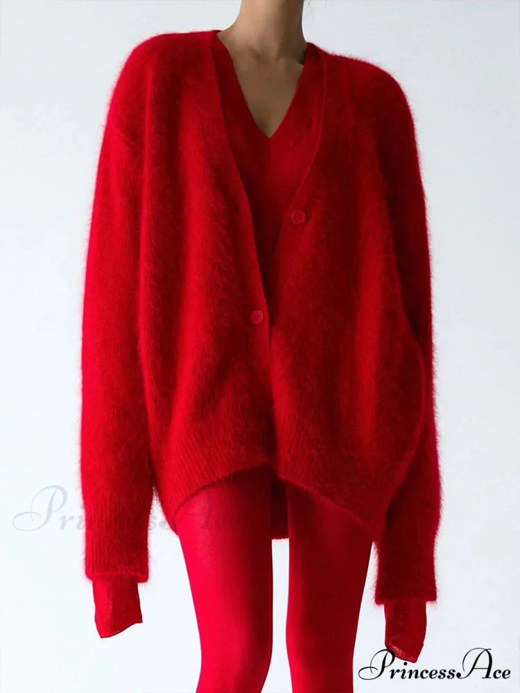 Wool Baggy V-neck Extended Sleeve Cardigan Red / S cardigans-241228