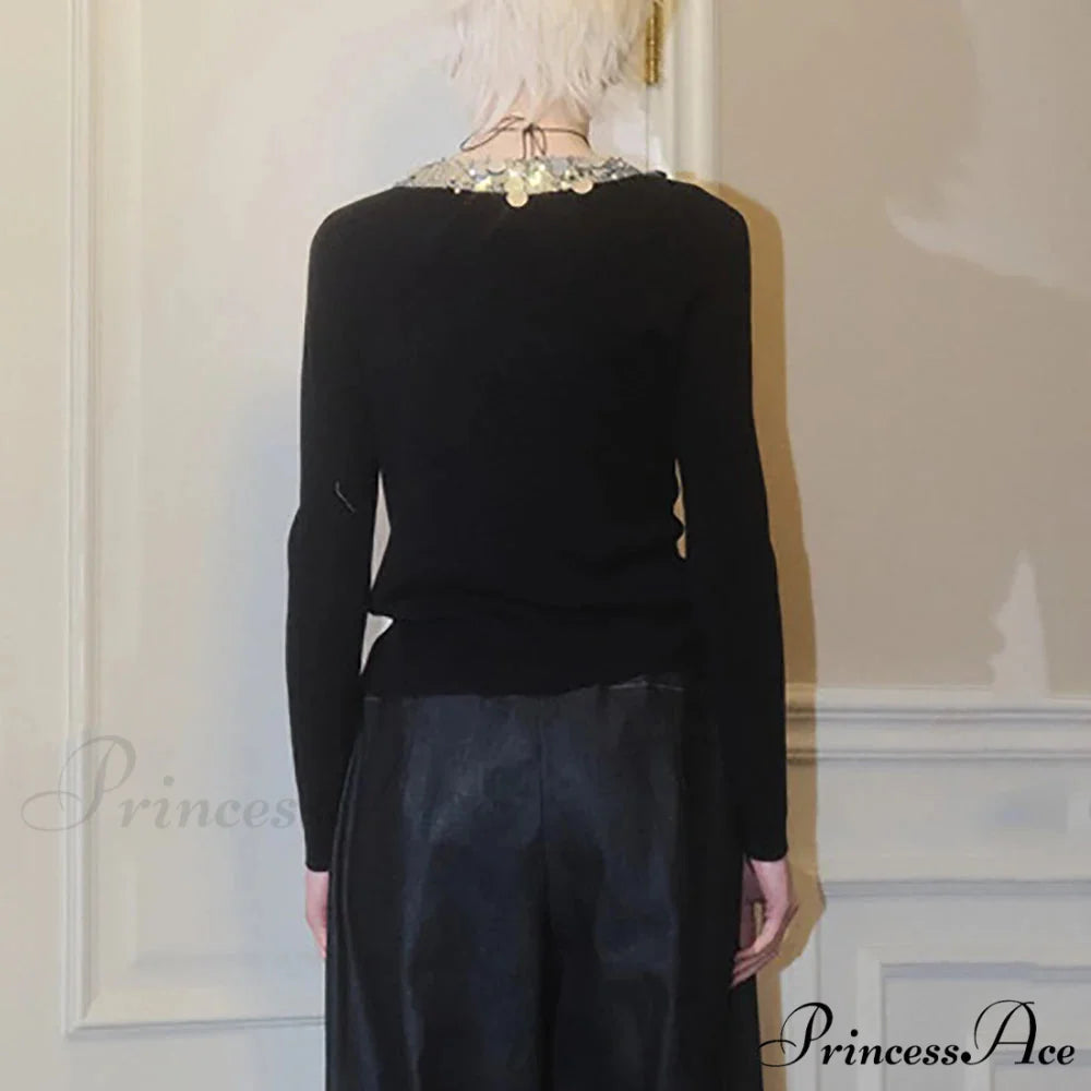 Wool Blend Colorful Sequin V-neck Cardigan