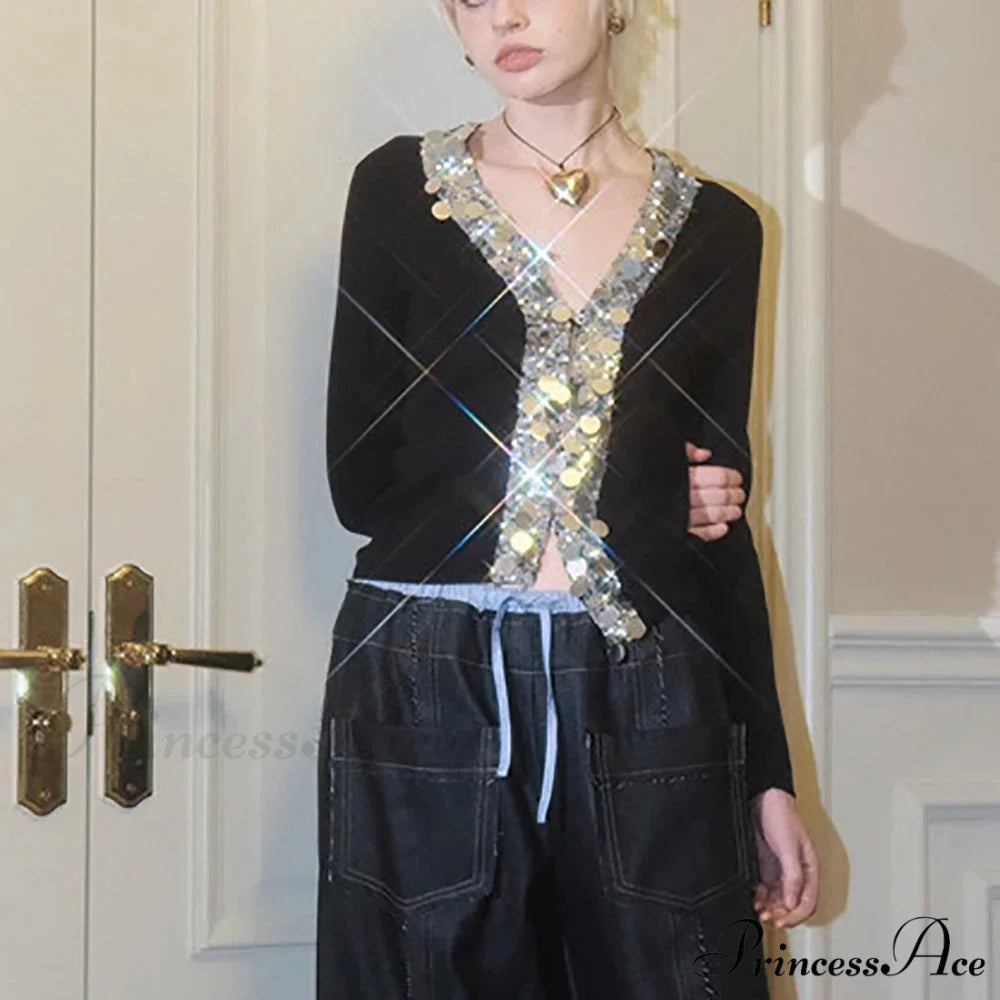 Wool Blend Colorful Sequin V-neck Cardigan