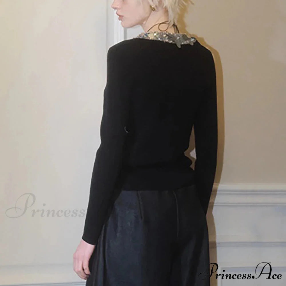 Wool Blend Colorful Sequin V-neck Cardigan