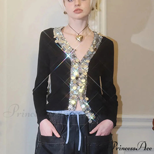 Wool Blend Colorful Sequin V-neck Cardigan Black / S
