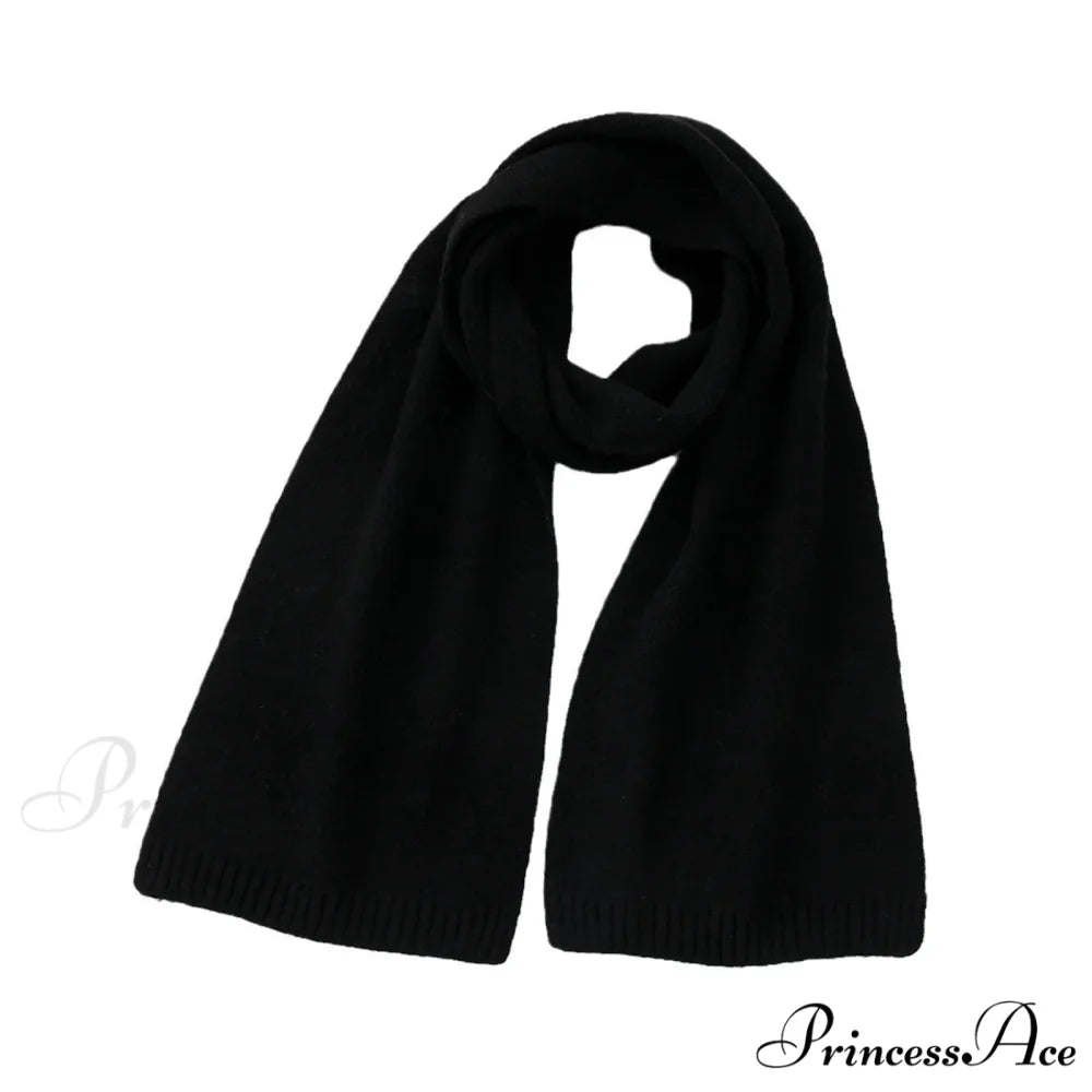 Wool Blend Solid Knitted Minimalist Imitation Cashmere Scarf Black / L183CM W25CM