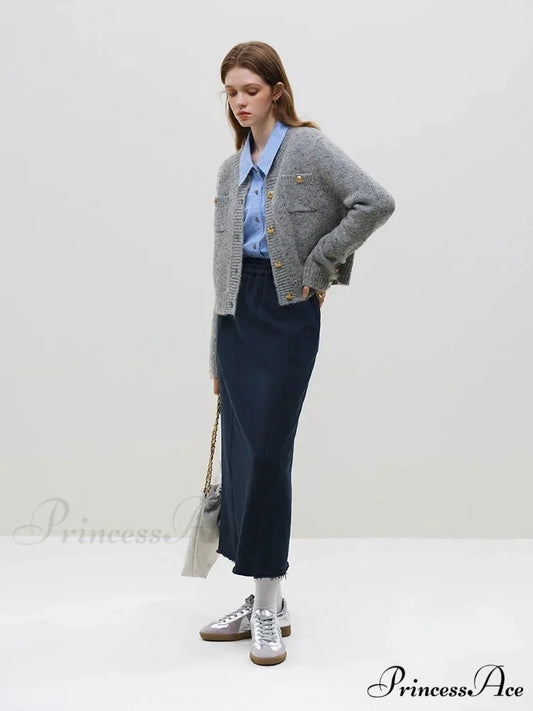 Wool Button Short Knitted Cardigan GRAY / S