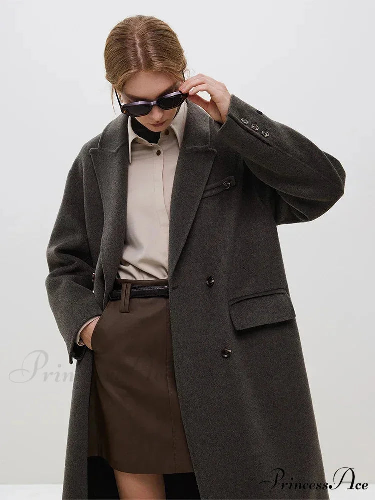Wool Camel Hair Temperament Oatmeal Long Notched Collar Double Breasted Classic Chic Coat Dark brown / S