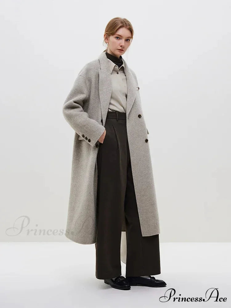 Wool Camel Hair Temperament Oatmeal Long Notched Collar Double Breasted Classic Chic Coat GRAY / S