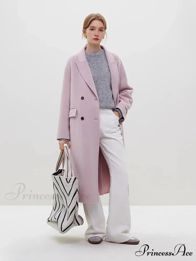 Wool Camel Hair Temperament Oatmeal Long Notched Collar Double Breasted Classic Chic Coat Pink / S