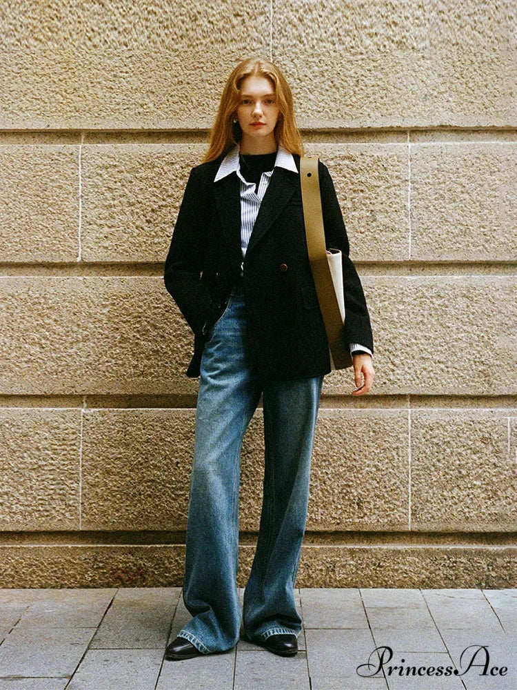 Wool Commuter Short Double-sided Single-breasted Two-button Lady Simple Elegant Coat Black / S