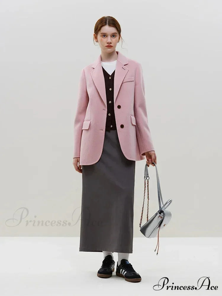 Wool Commuter Short Double-sided Single-breasted Two-button Lady Simple Elegant Coat Pink / S