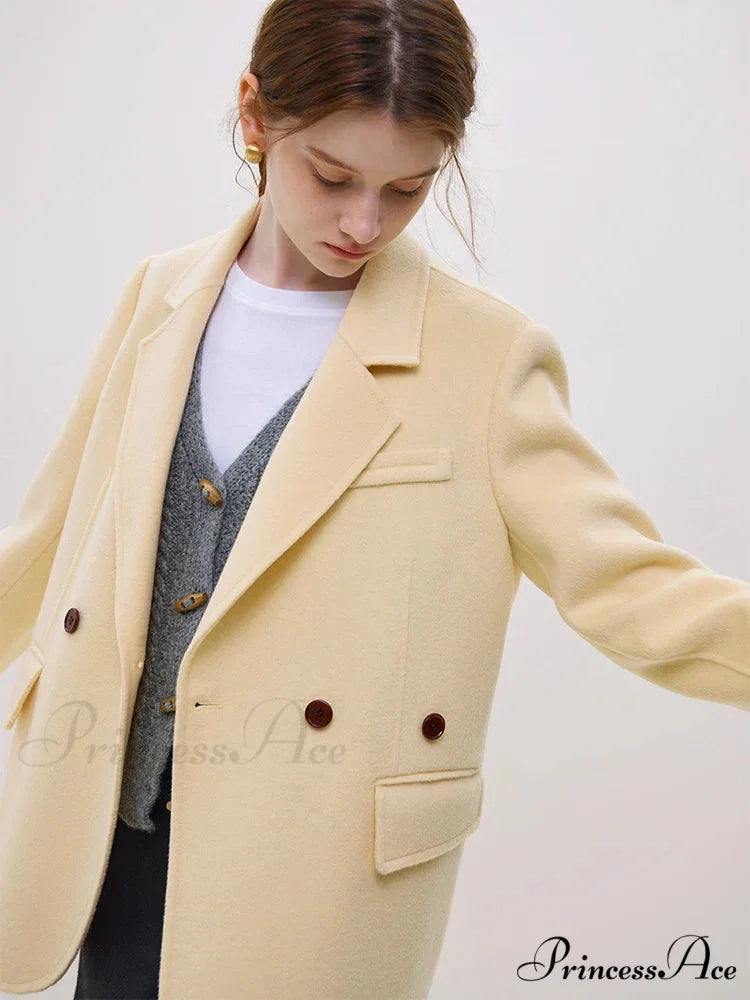 Wool Commuter Short Double-sided Single-breasted Two-button Lady Simple Elegant Coat Yellow / S