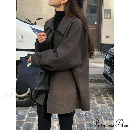 Wool Mix Vintage Korean Urban Overcoat Brown / One Size overcoats-241228