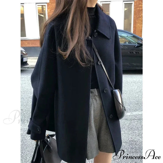 Wool Mix Vintage Korean Urban Overcoat Navy Blue / One Size overcoats-241228