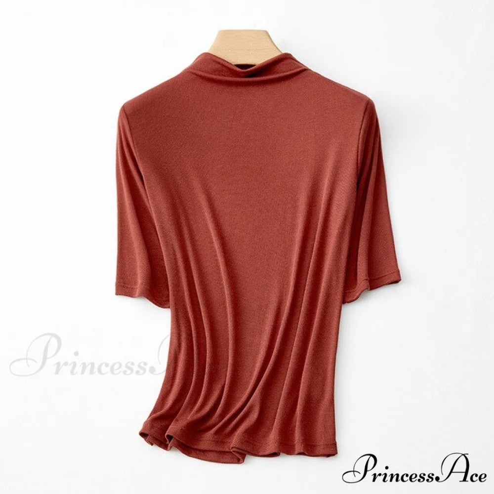 Wool Viscose Blend Short Sleeved Solid T Shirt Vintage Red Mock / L