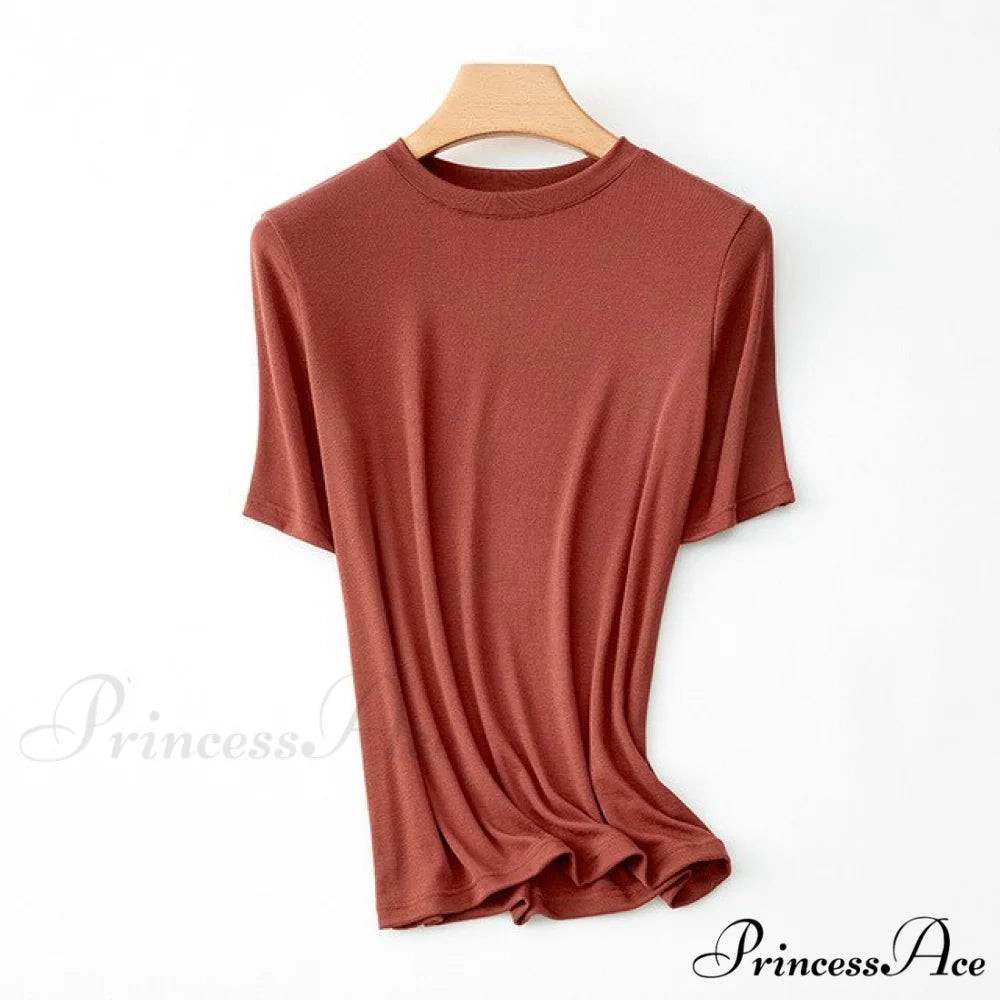 Wool Viscose Blend Short Sleeved Solid T Shirt Vintage Red O / L
