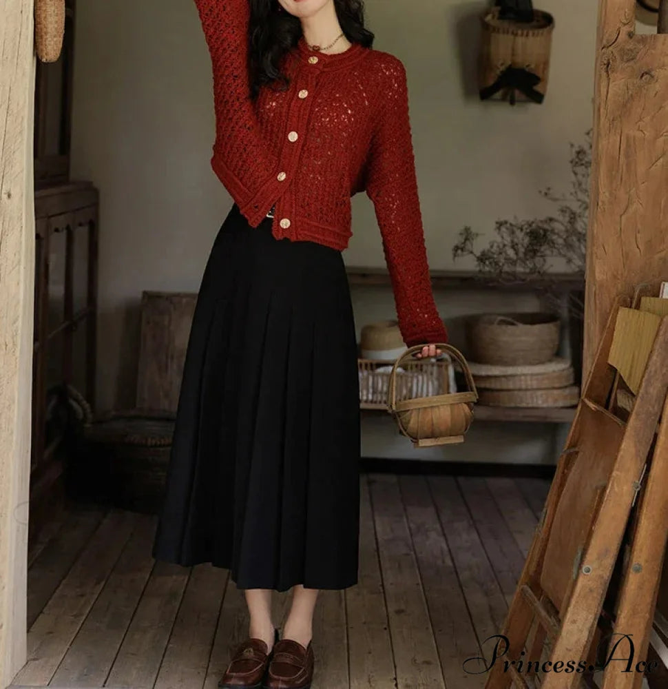 Wool Yarn Vintage Hollow Cardigan Retro red / One Size