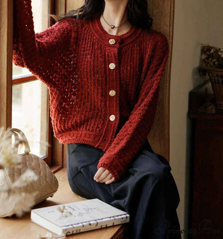 Wool Yarn Vintage Hollow Cardigan Retro red / One Size