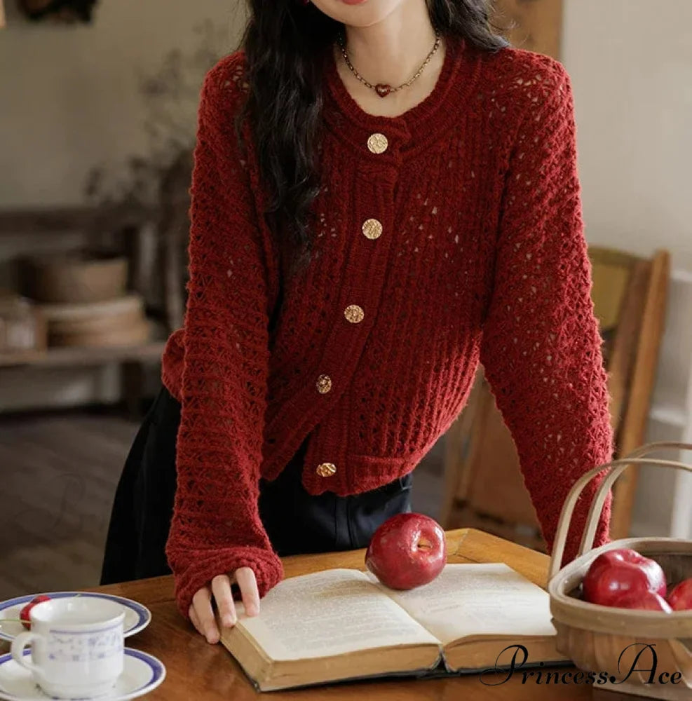 Wool Yarn Vintage Hollow Cardigan Retro red / One Size
