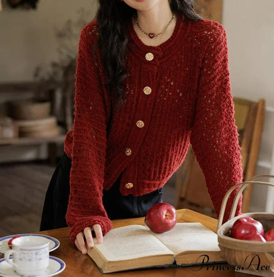 Wool Yarn Vintage Hollow Cardigan Retro red / One Size
