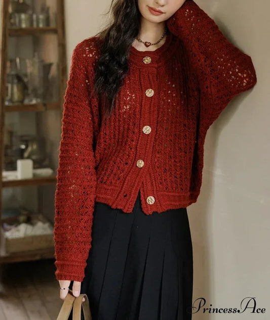 Wool Yarn Vintage Hollow Cardigan Retro red / One Size