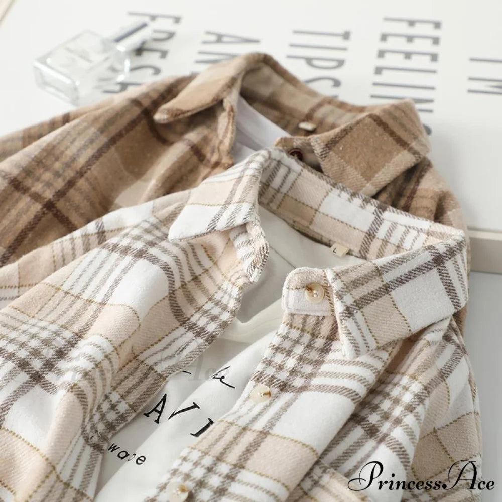 Woolen Blouse Women’s Ropa Arm Top Plaid Blouse Coat Long De Thickened Mujer